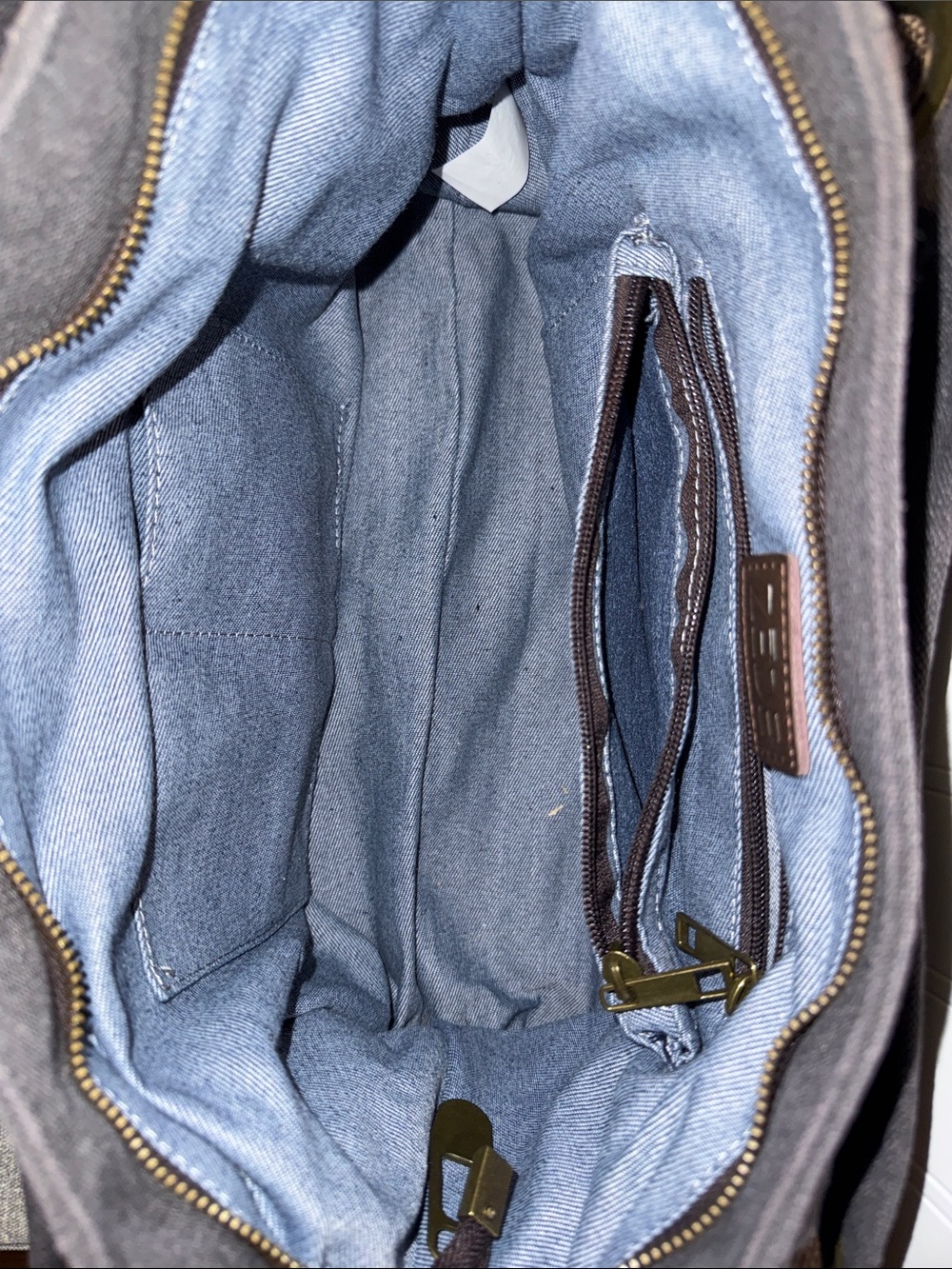 Zede-Dark Gray Canvas Crossbody Tote with Brown Trim with free charm pouch - Picture 3 of 4